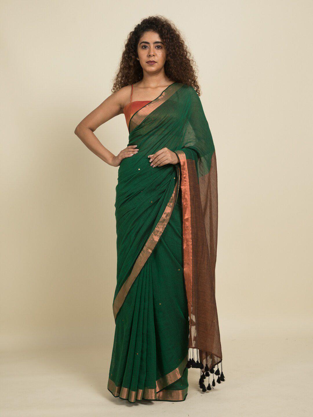 suta green & copper-toned embellished sequinned pure cotton saree