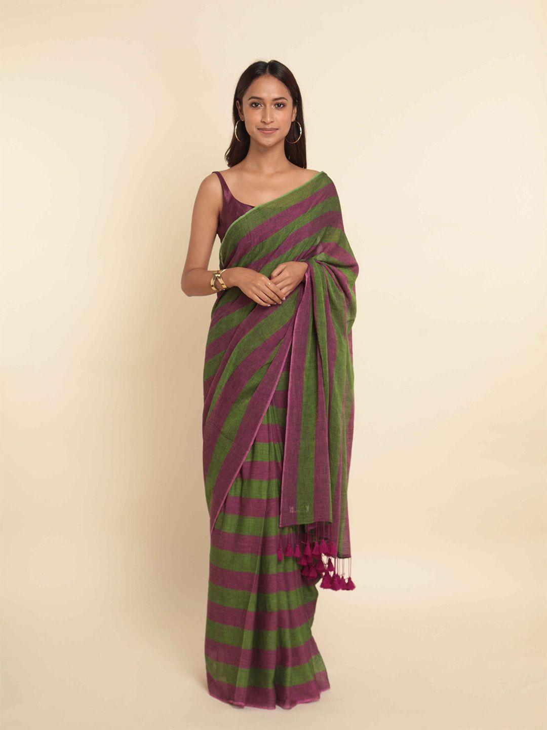 suta green & magenta striped pure cotton saree