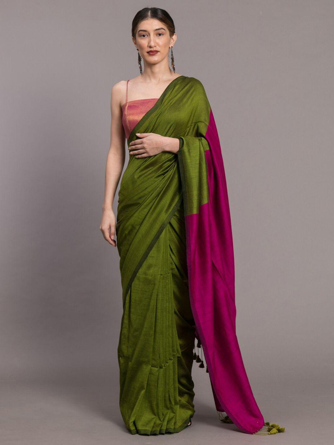 suta green & pink colourblocked cotton blend saree