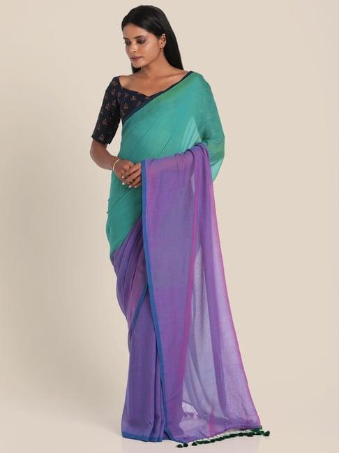 suta green & purple cotton saree without blouse