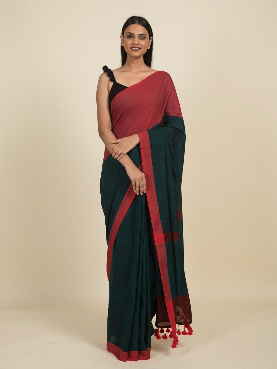 suta green & red colourblocked pure cotton saree