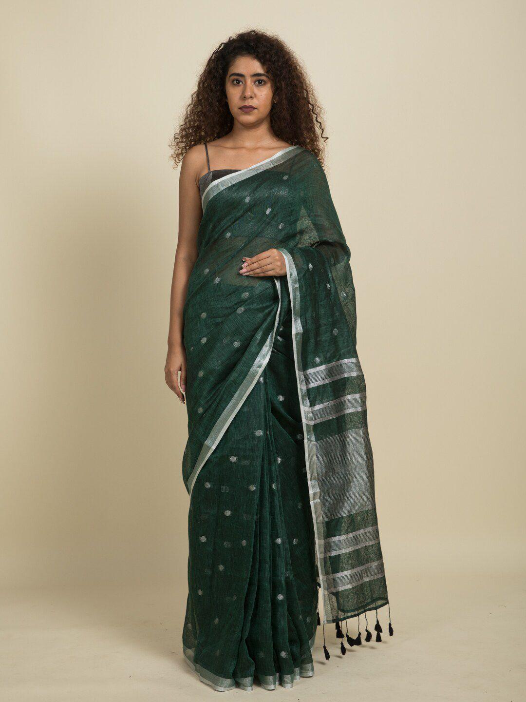 suta green & silver-toned linen blend saree