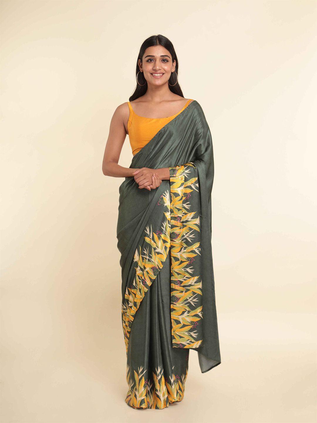 suta green & yellow floral printed saree