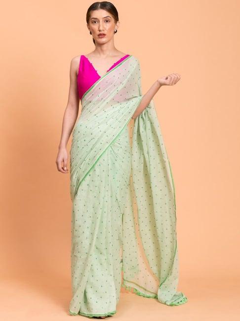 suta green cotton polka dots saree without blouse