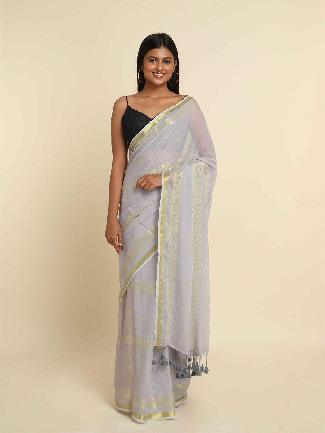 suta grey & gold-toned woven design zari saree