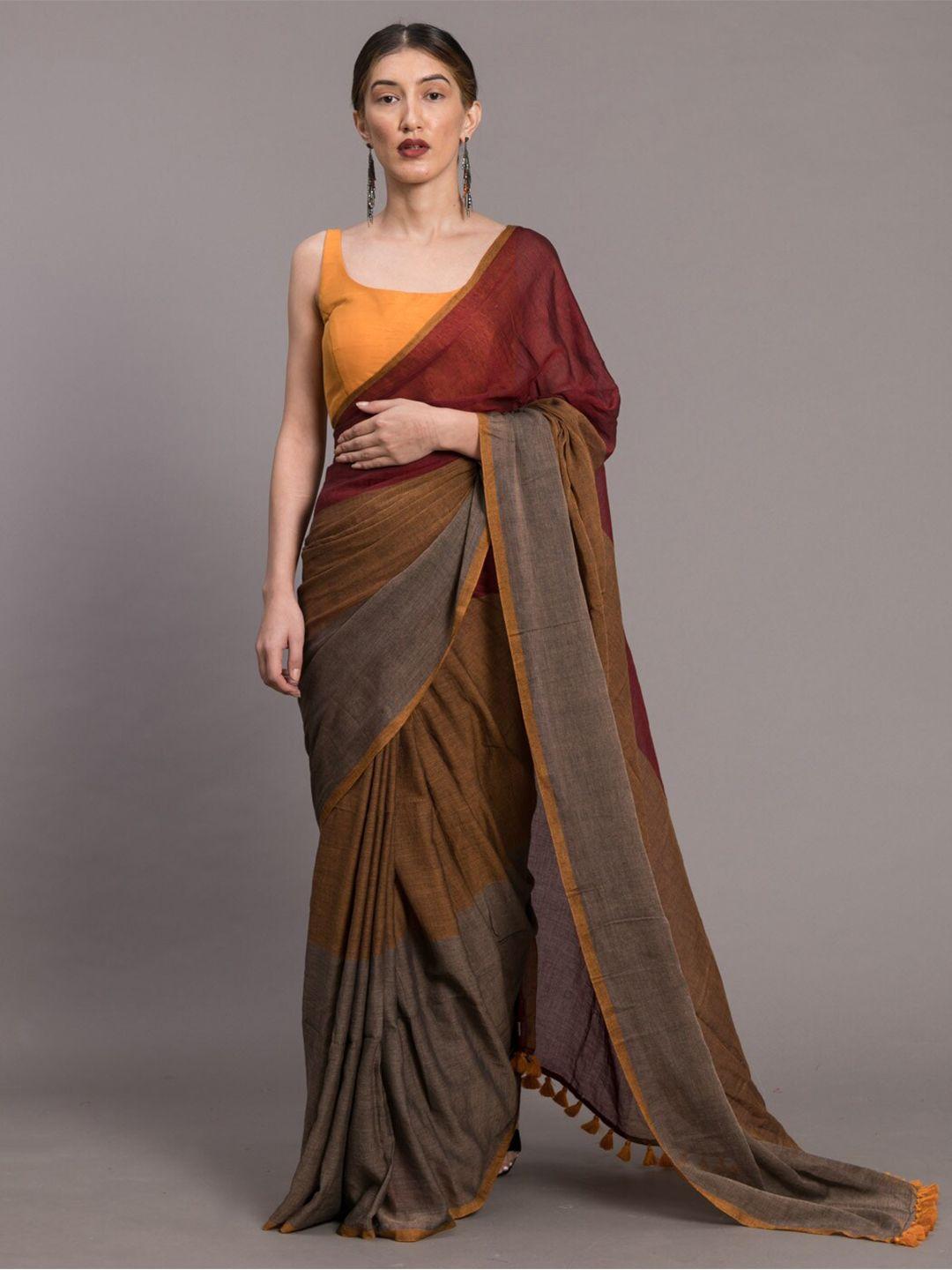 suta grey & maroon colourblocked pure cotton saree
