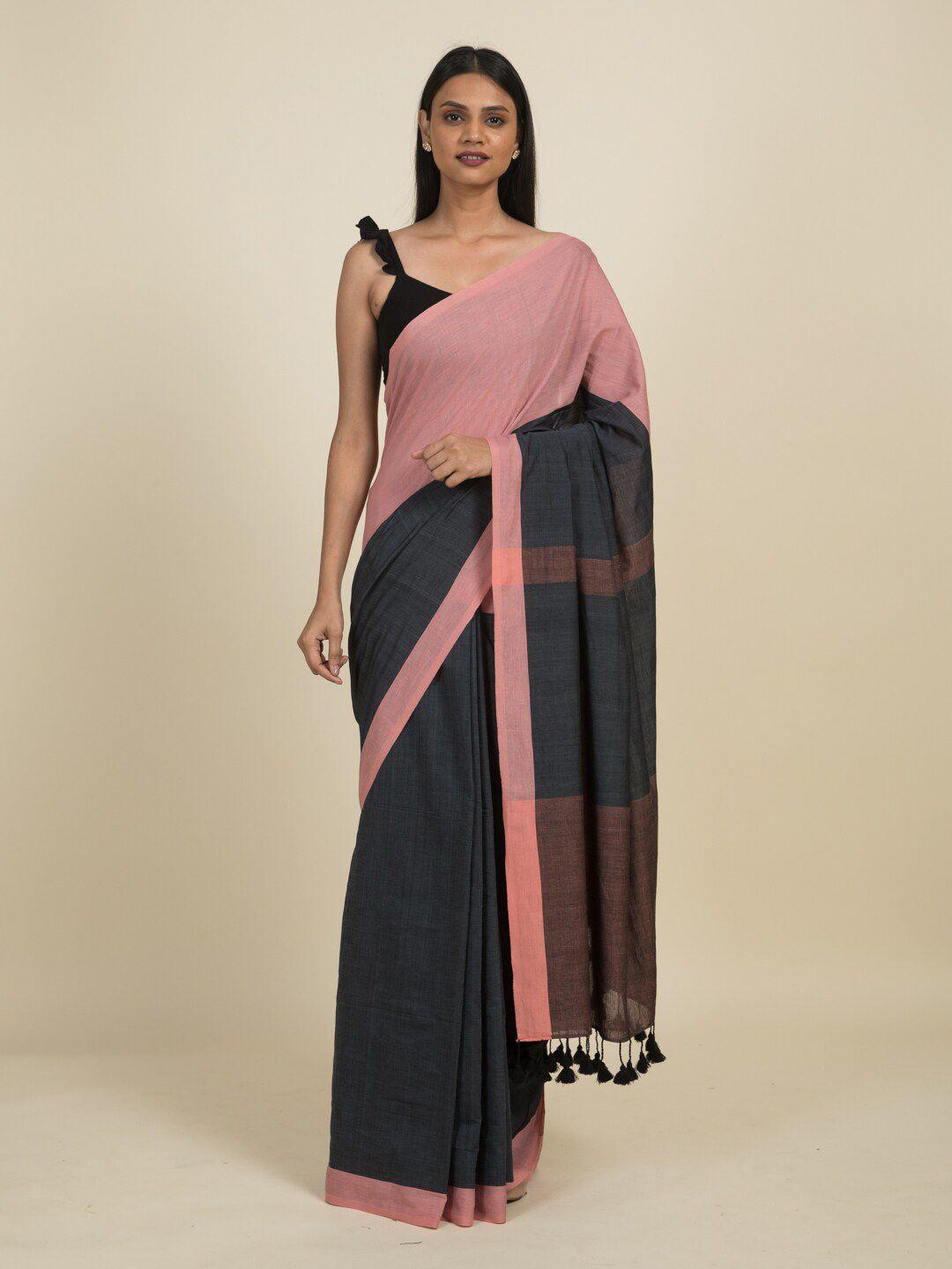 suta grey & peach-coloured pure cotton saree