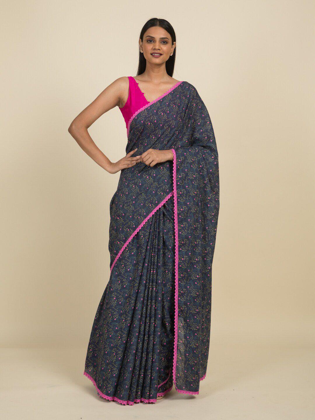 suta grey & pink floral pure cotton saree