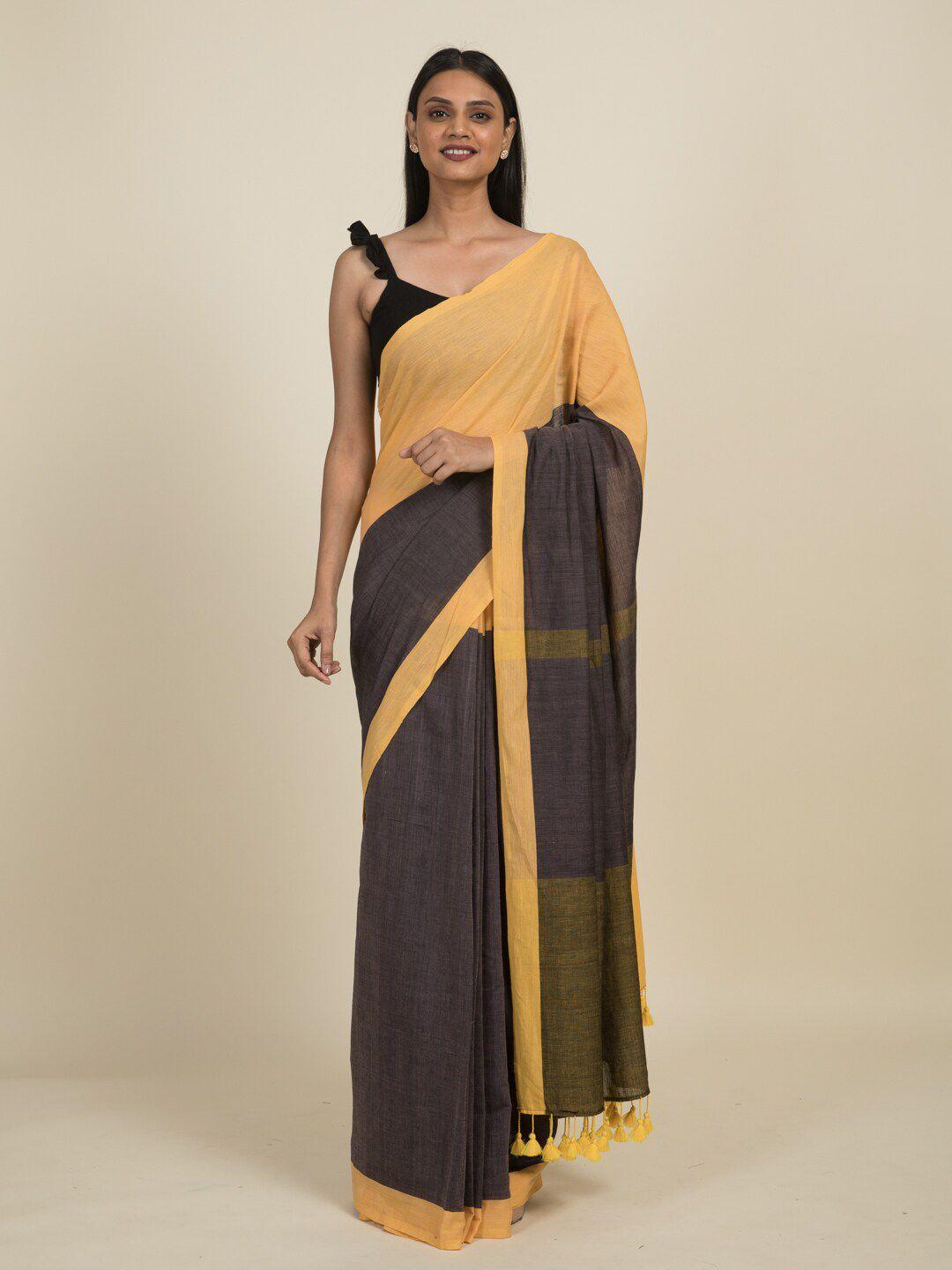 suta grey & yellow colourblocked pure cotton saree