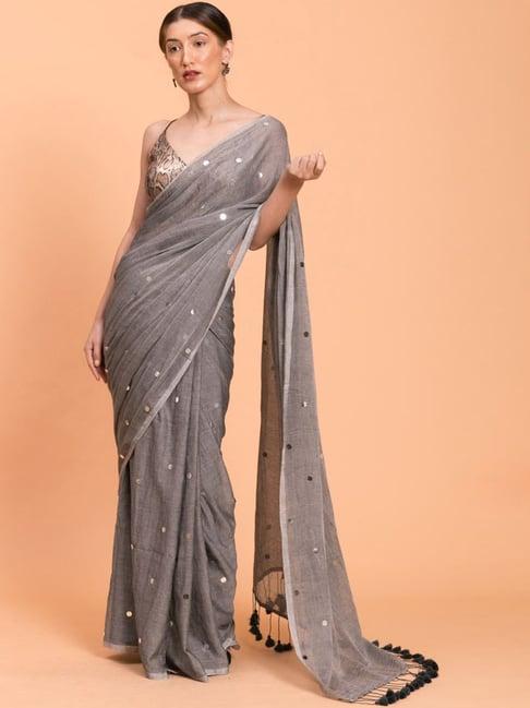 suta grey cotton embellished saree without blouse