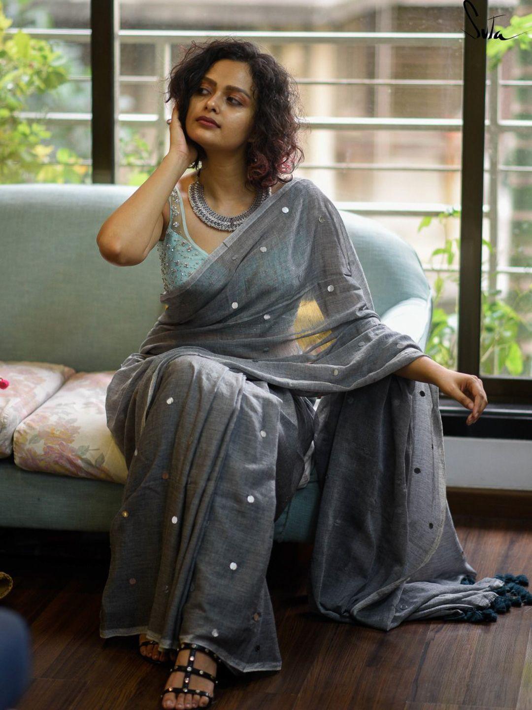 suta grey embellished sequinned pure cotton saree