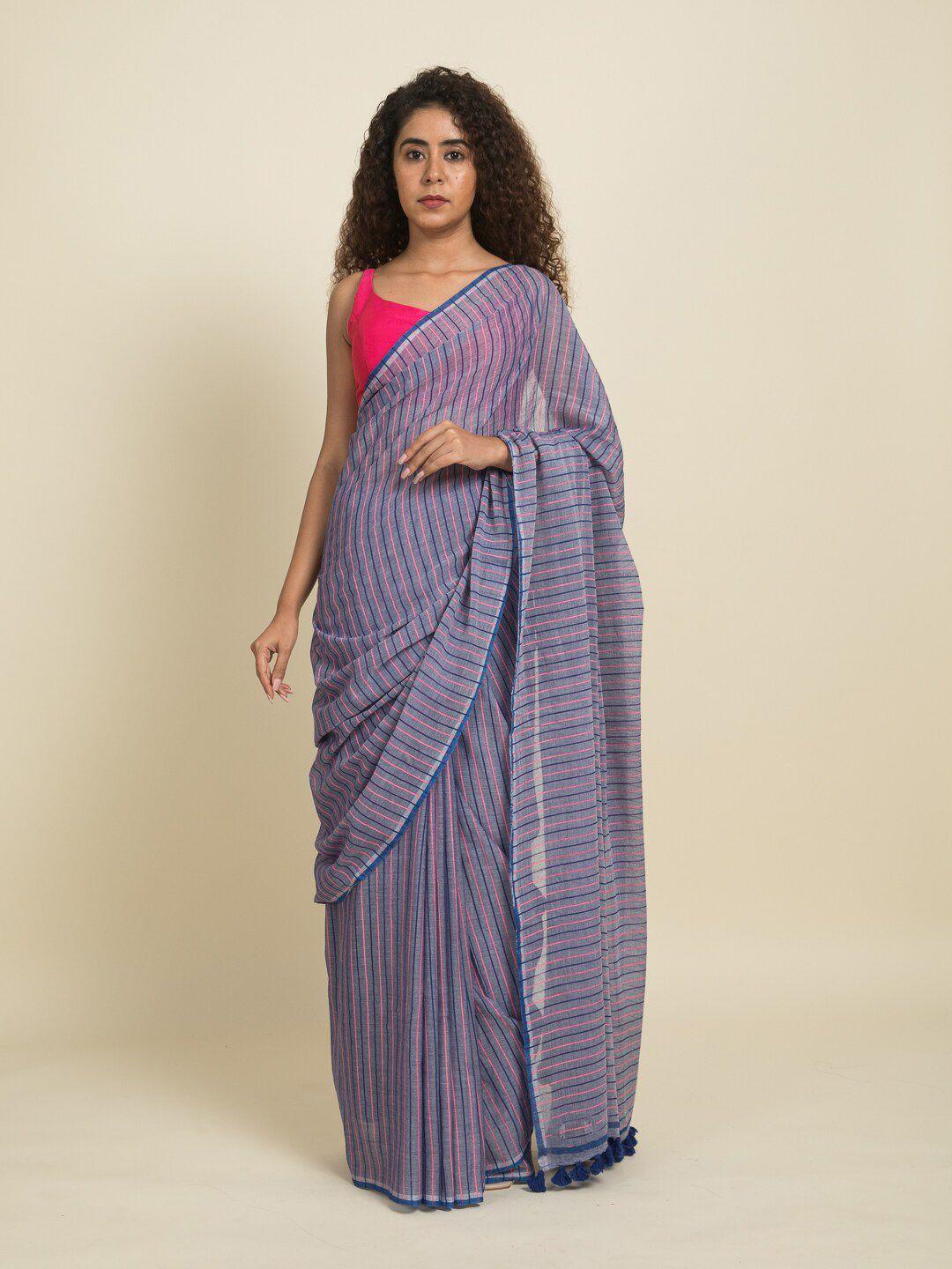 suta lavender & grey striped pure cotton saree