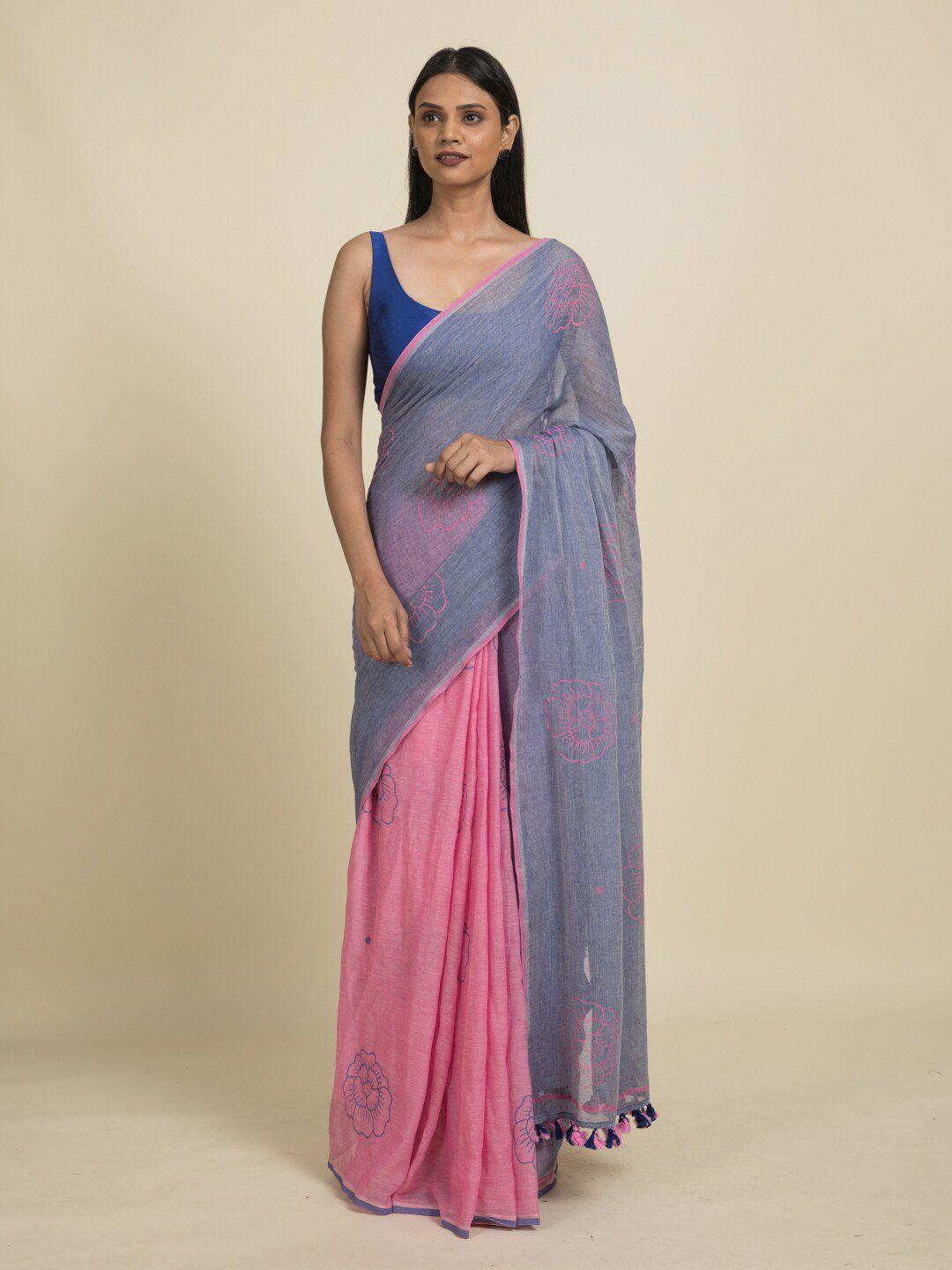 suta lavender & pink floral pure cotton saree