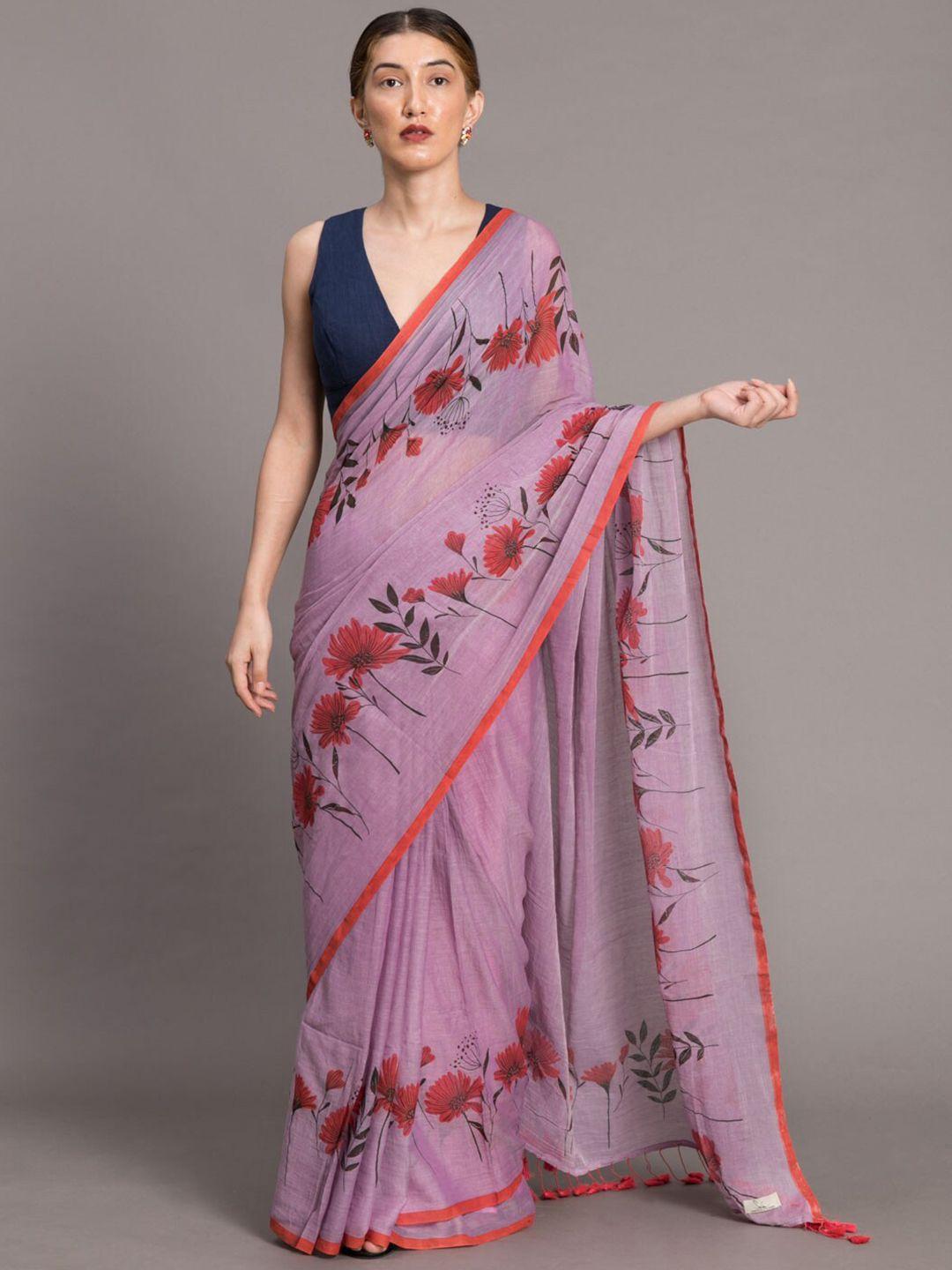 suta lavender & red floral printed pure cotton saree