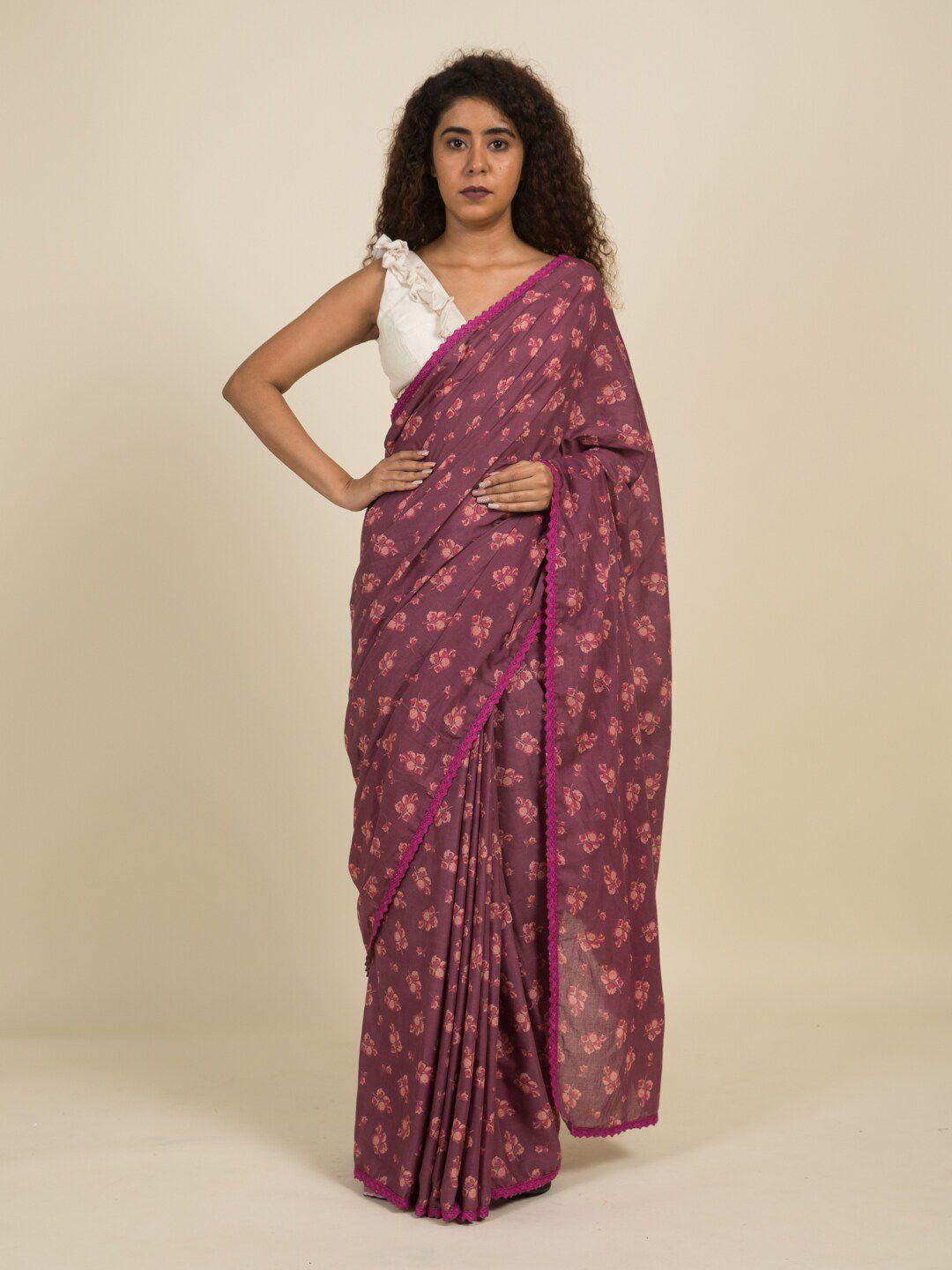 suta magenta & pink floral printed pure cotton saree