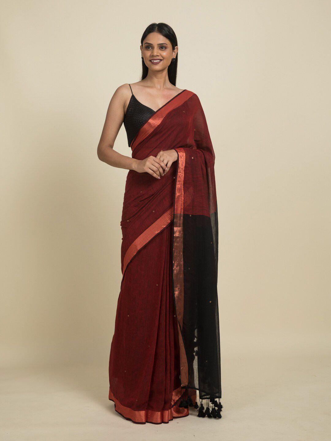 suta maroon & black embellished zari pure cotton saree