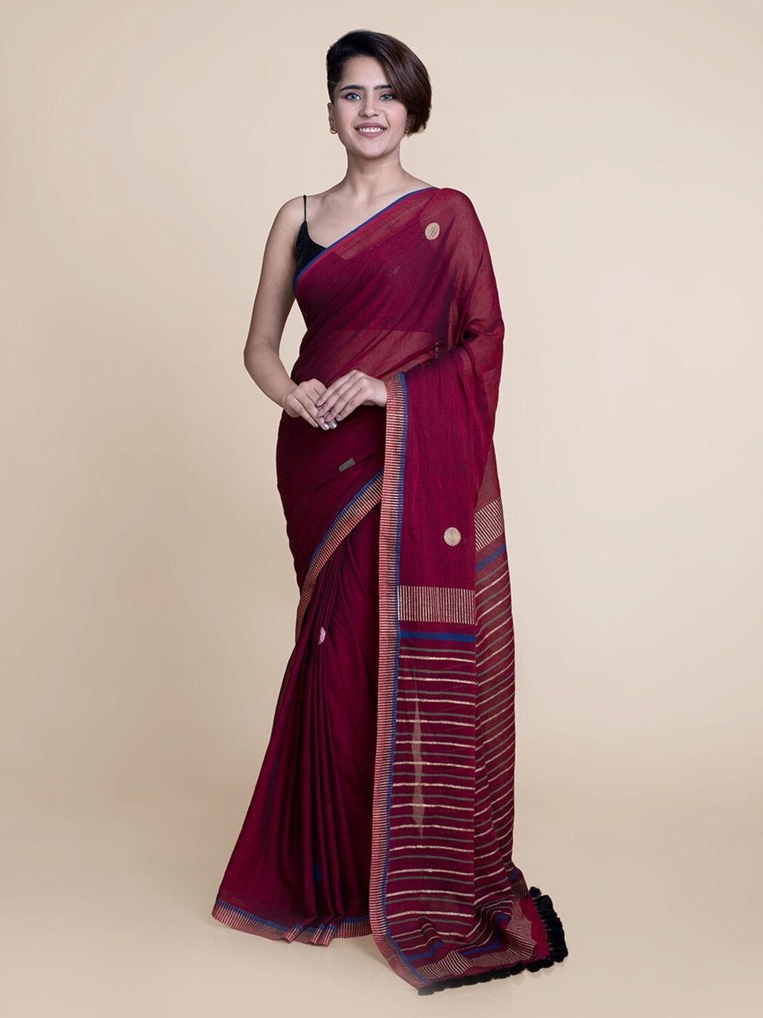 suta maroon  blue pure cotton saree