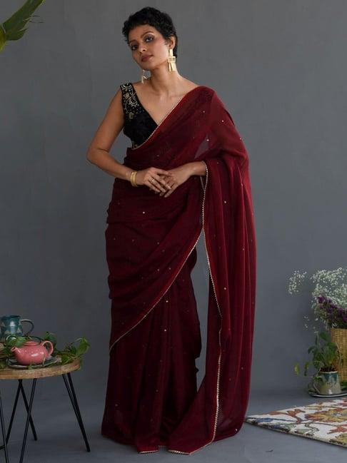 suta maroon cotton embellished saree without blouse