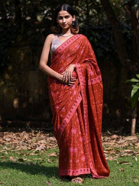 suta maroon cotton floral print saree without blouse