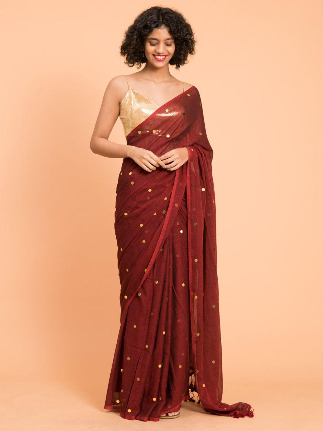 suta maroon embellished sequinned pure cotton saree