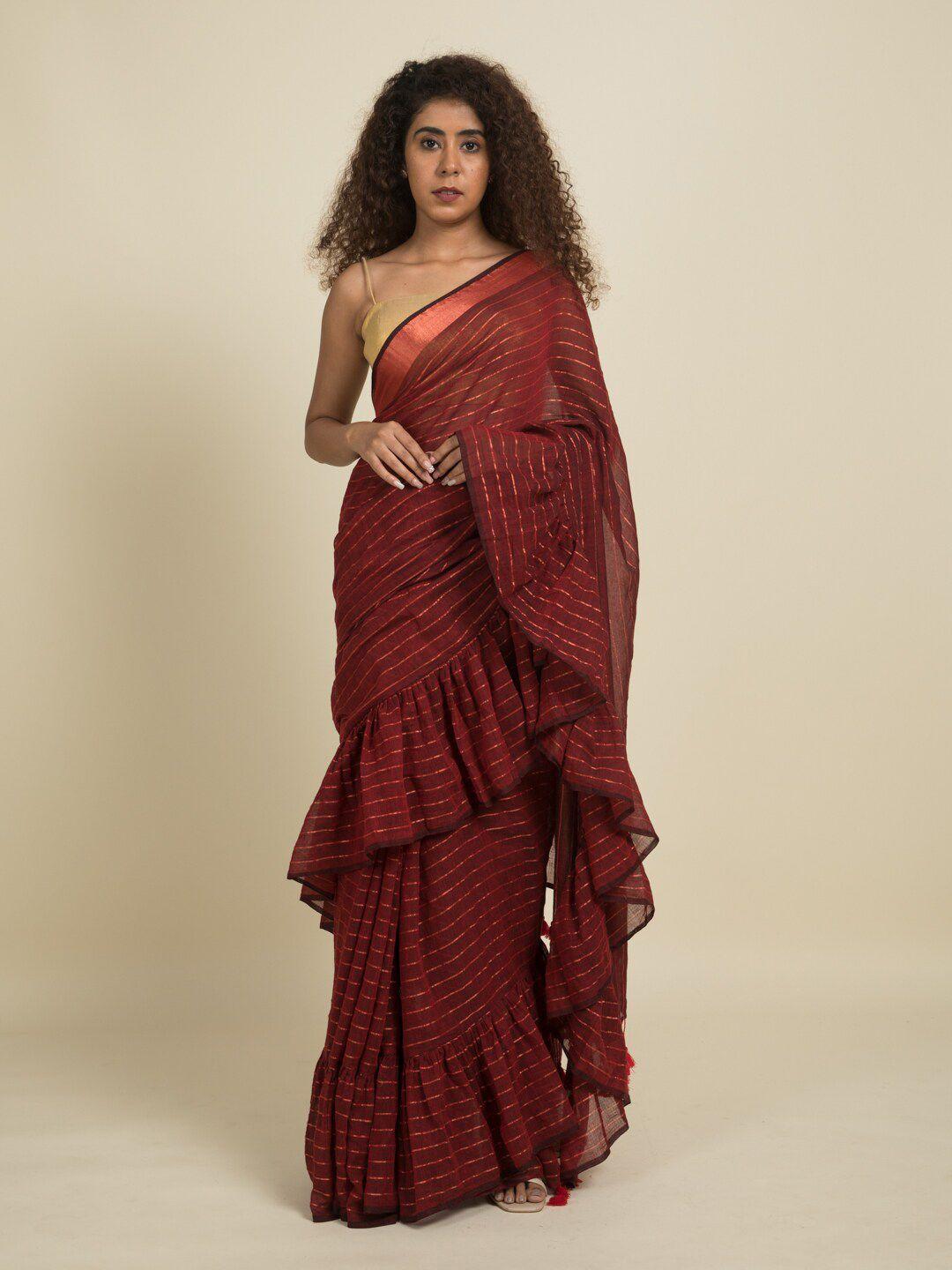 suta maroon striped ruffle saree