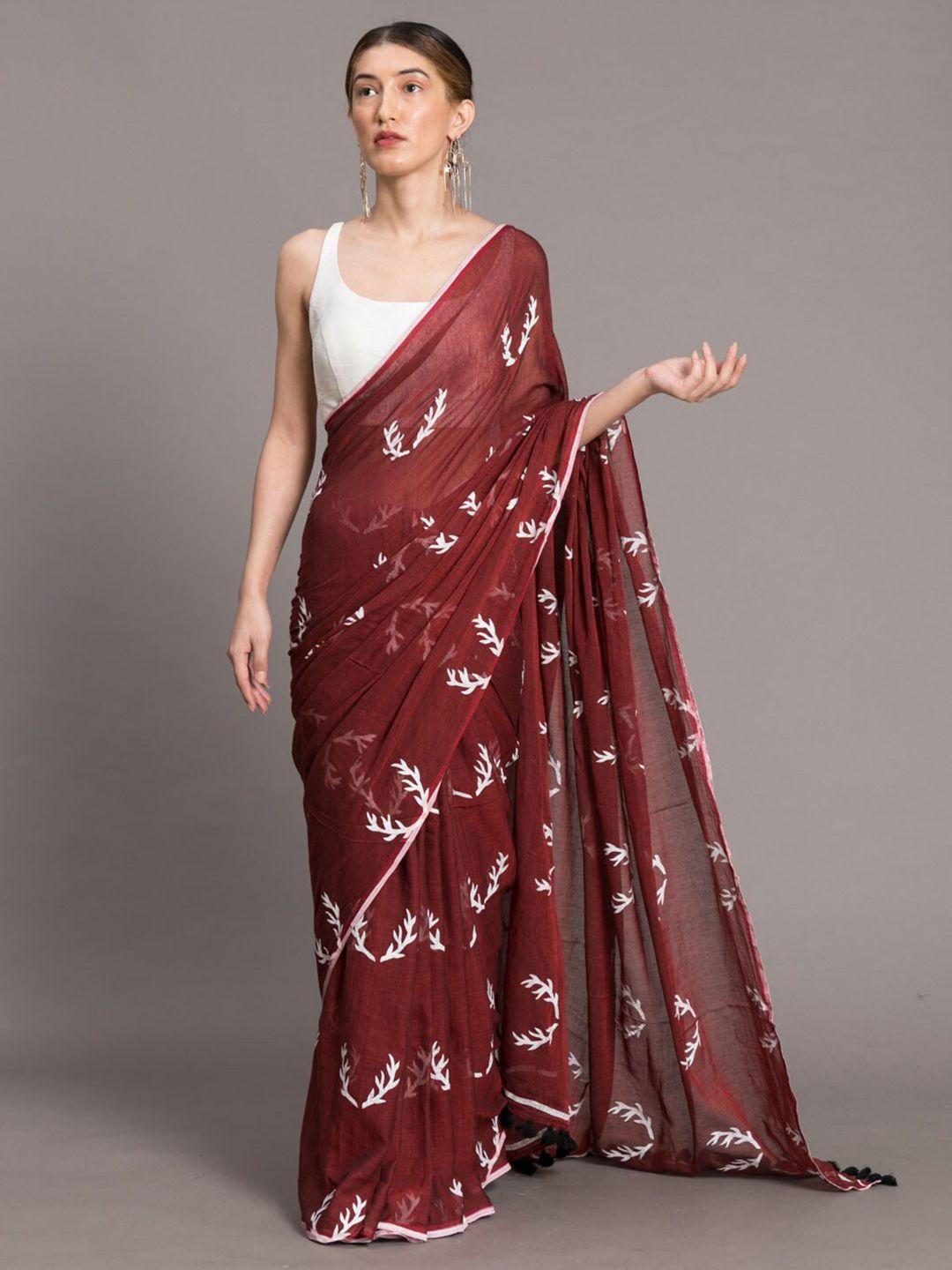 suta maroon white hand blocked pure cotton saree