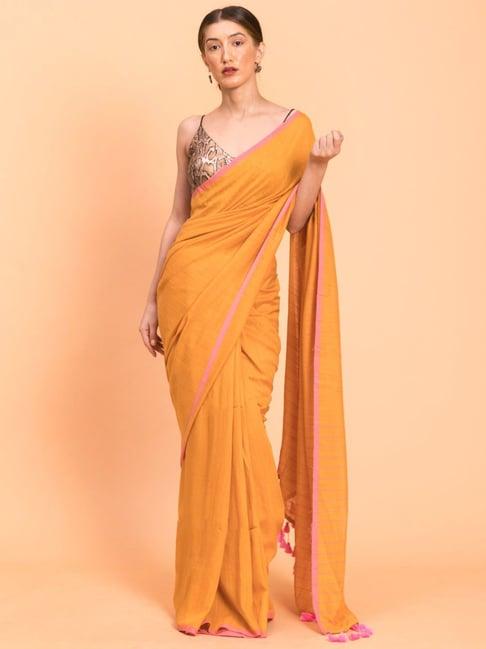 suta mustard plain saree without blouse