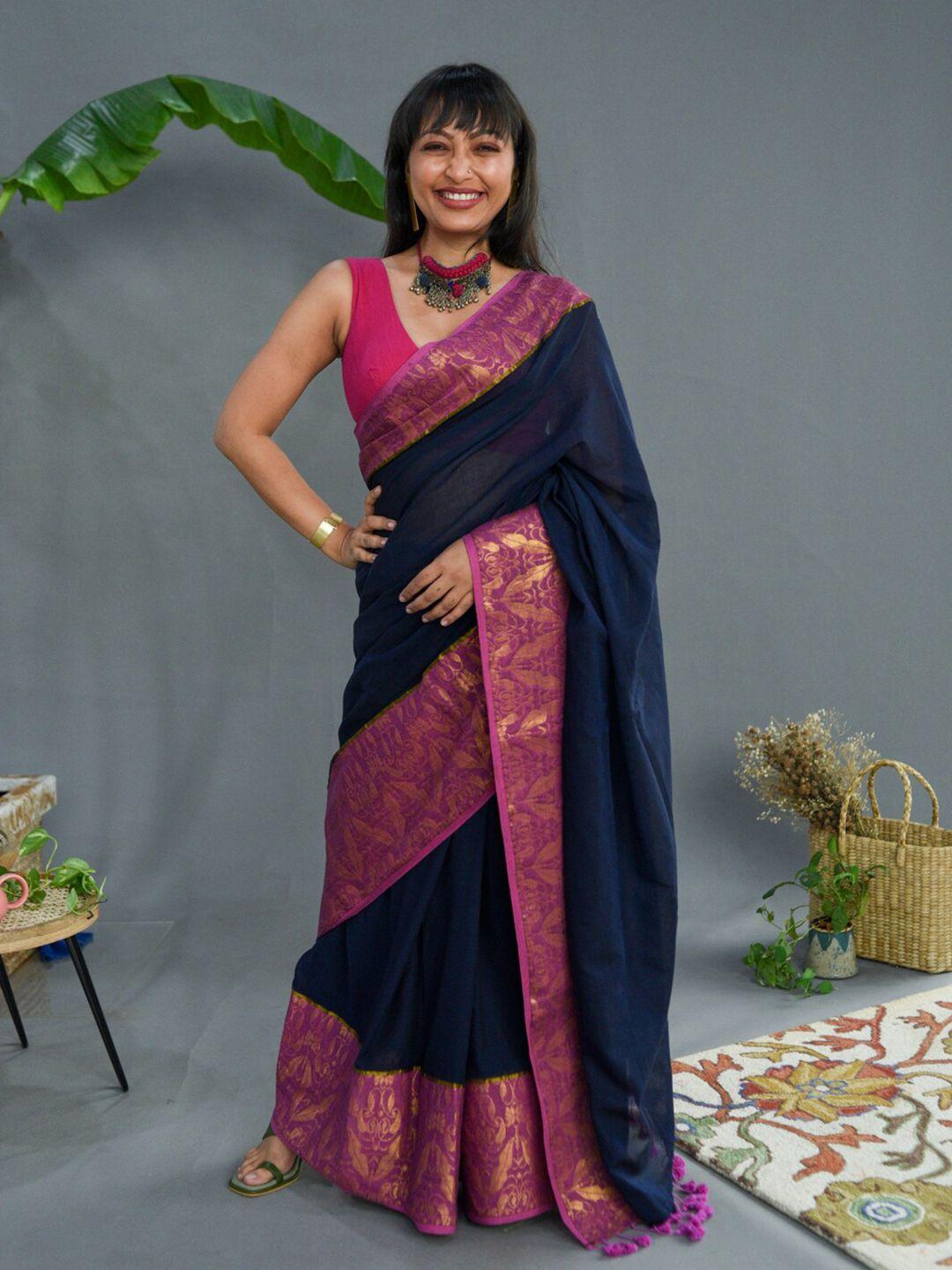 suta navy blue & pink floral woven design zari pure cotton saree