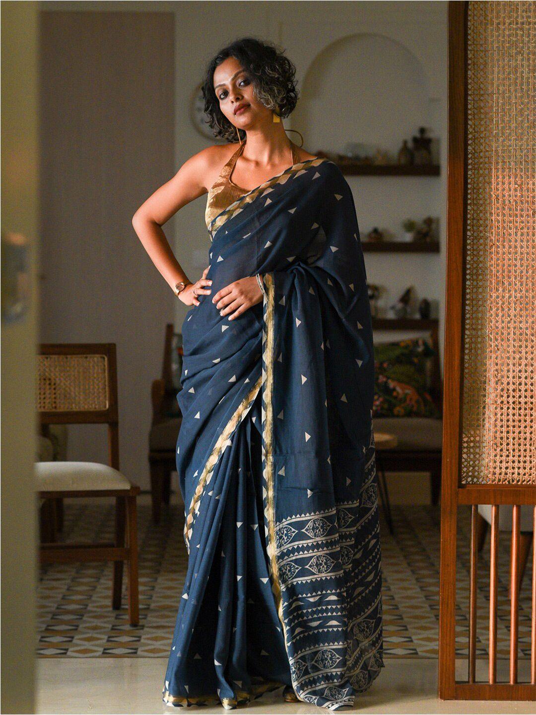 suta navy blue & white geometric printed zari saree