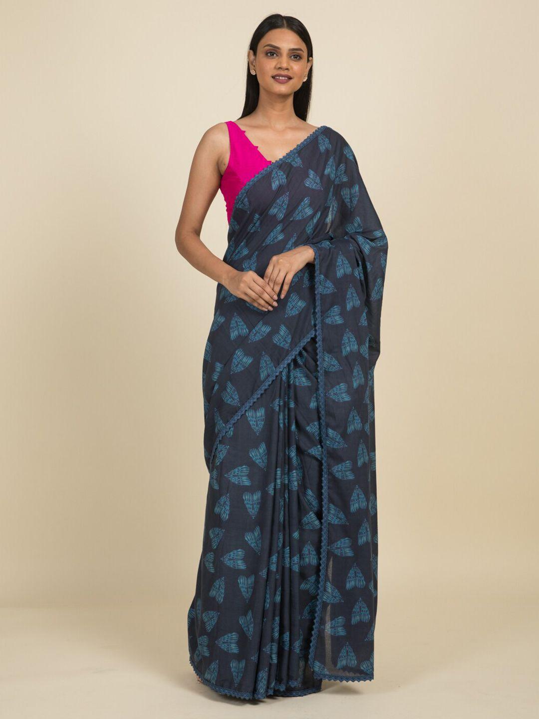 suta navy blue digitally printed pure cotton saree