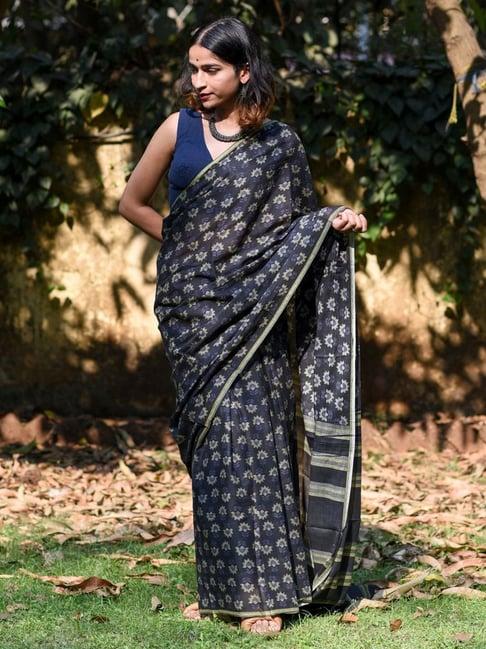 suta navy cotton floral print saree without blouse