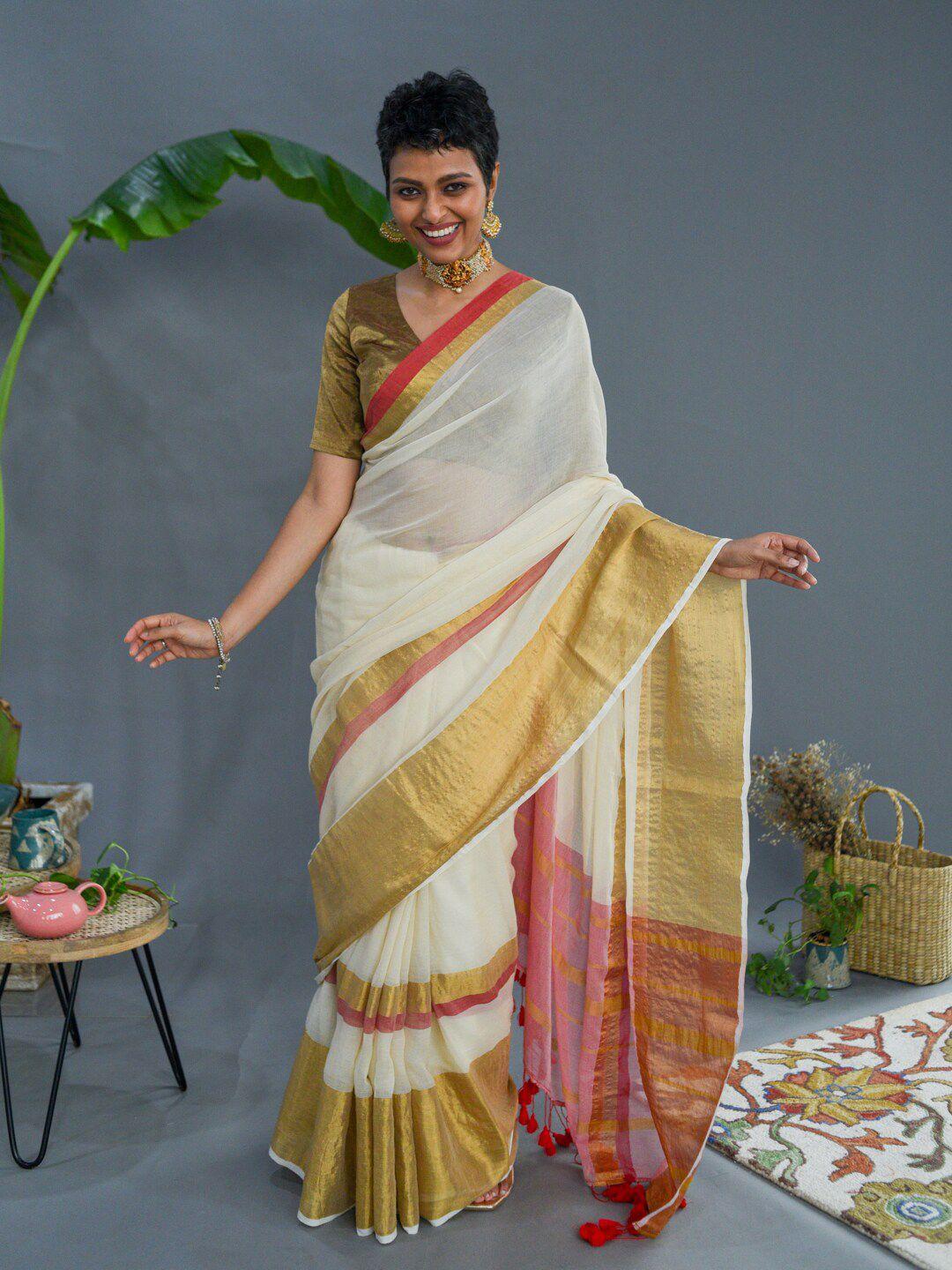 suta off white & gold-toned woven design zari pure cotton saree