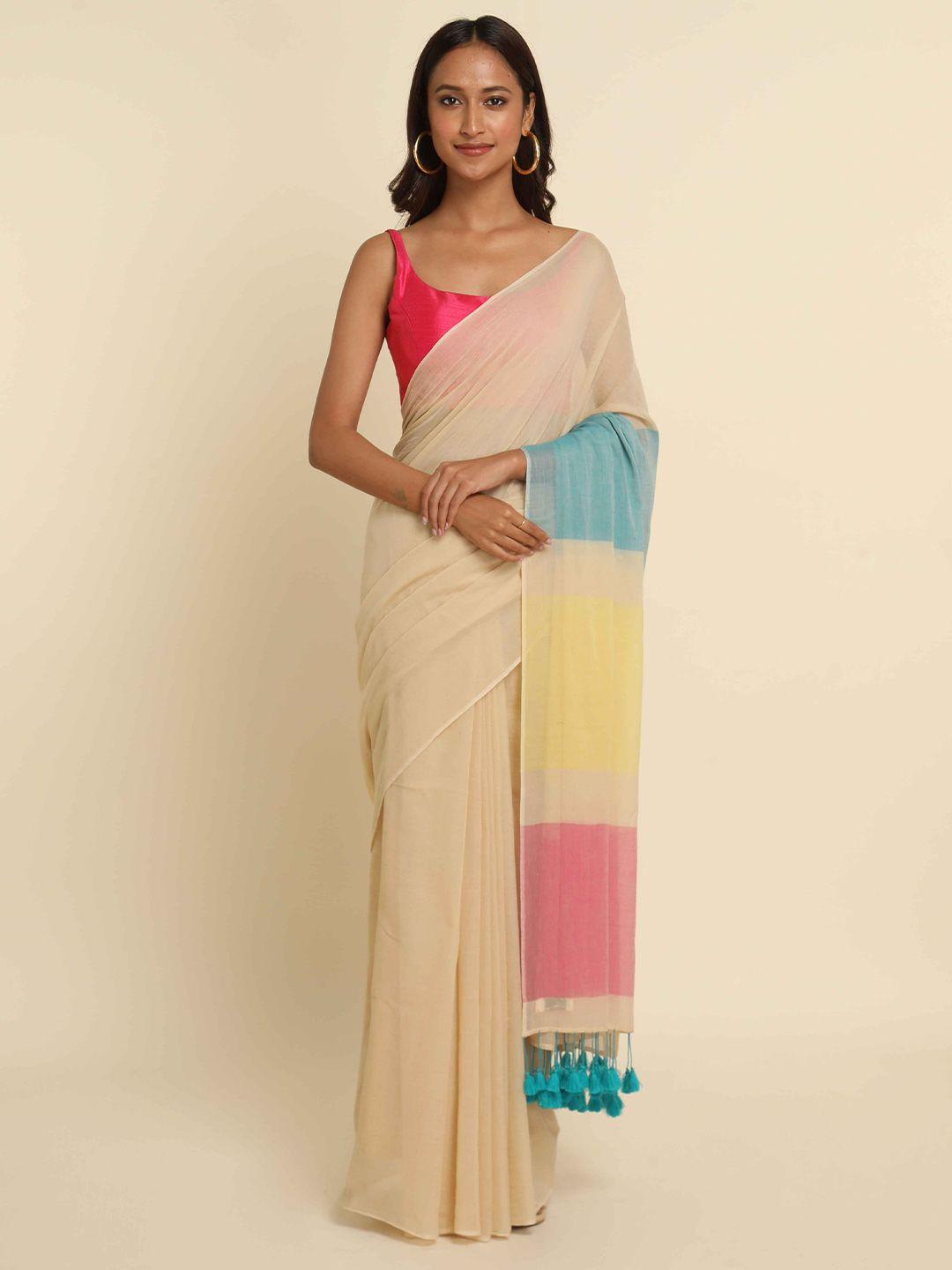 suta off white & pink striped pure cotton saree