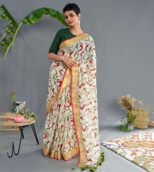 suta off-white cotton printed saree without blouse