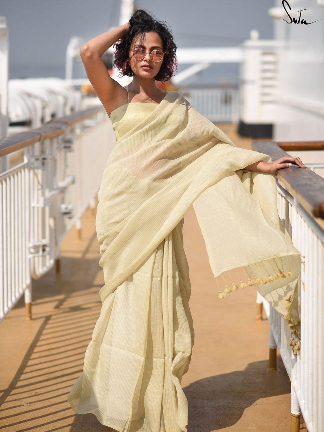 suta off white woven zari striped pure handloom cotton saree