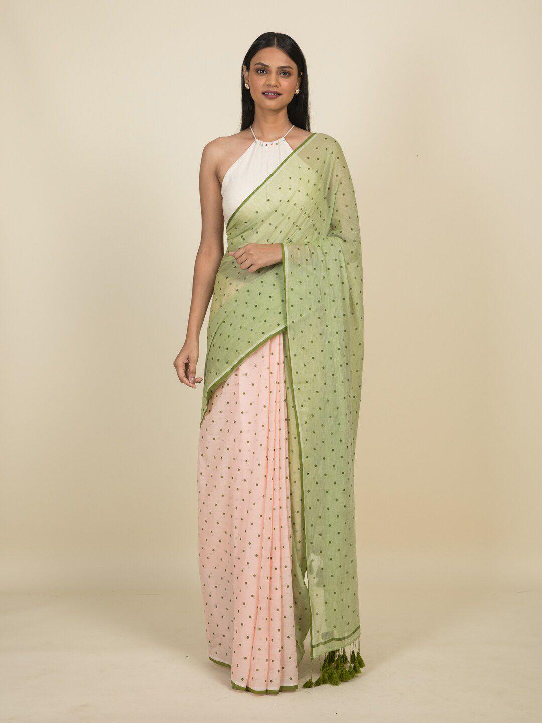 suta olive green & pink polka dotted pure cotton saree