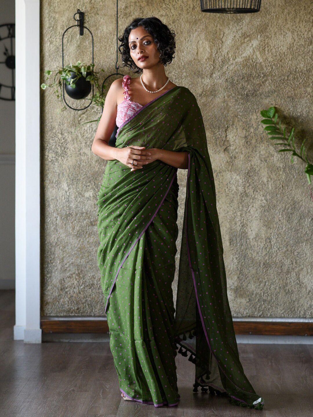 suta olive green & purple polka dot printed pure cotton saree