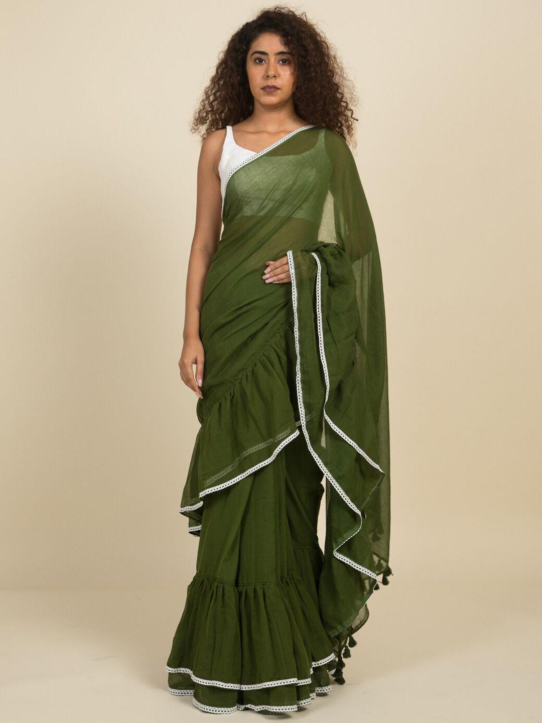 suta olive green & white pure cotton saree