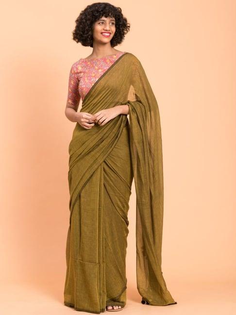 suta olive green cotton saree without blouse