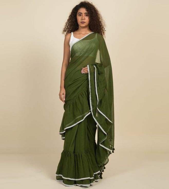 suta olive green pure cotton ruffle saree without blouse
