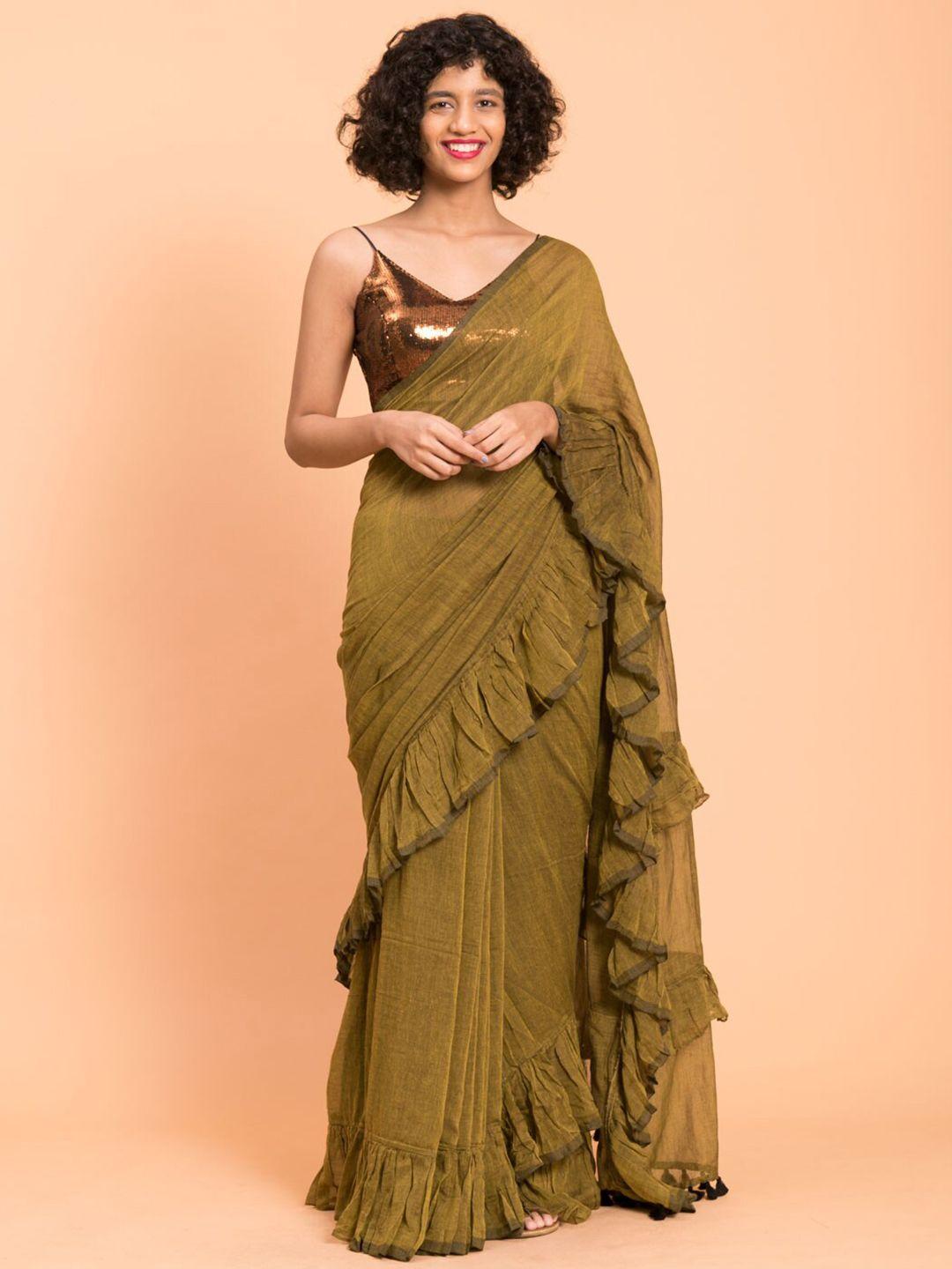 suta olive green pure cotton solid ruffle saree