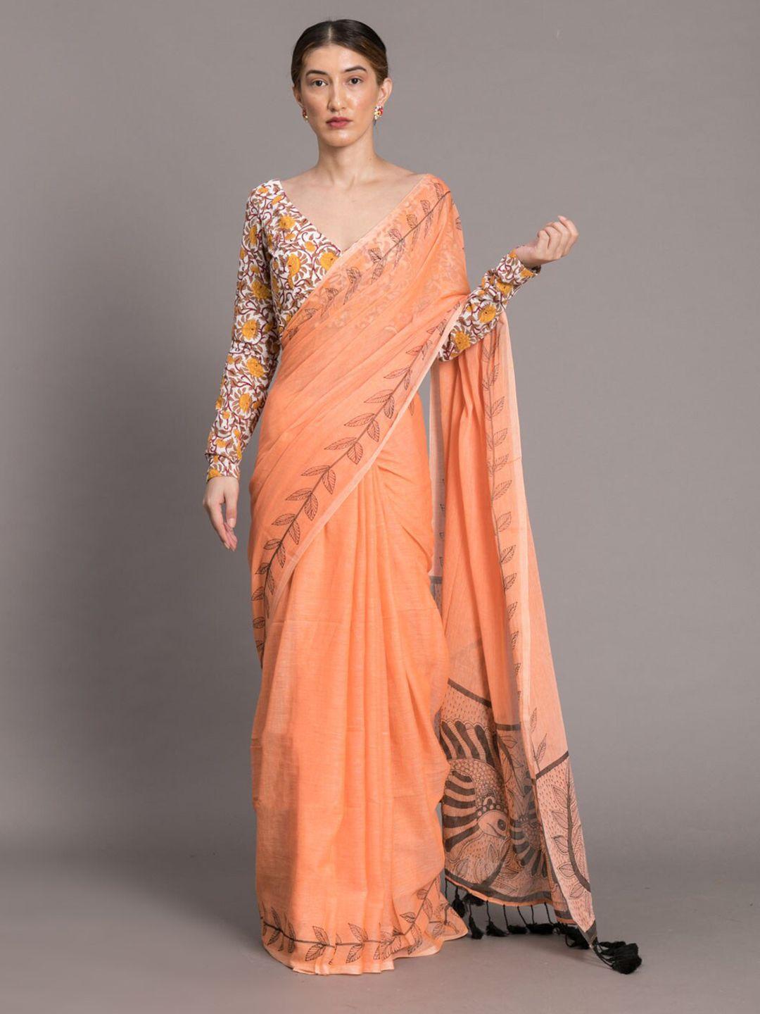 suta orange & black pure cotton hand painted saree