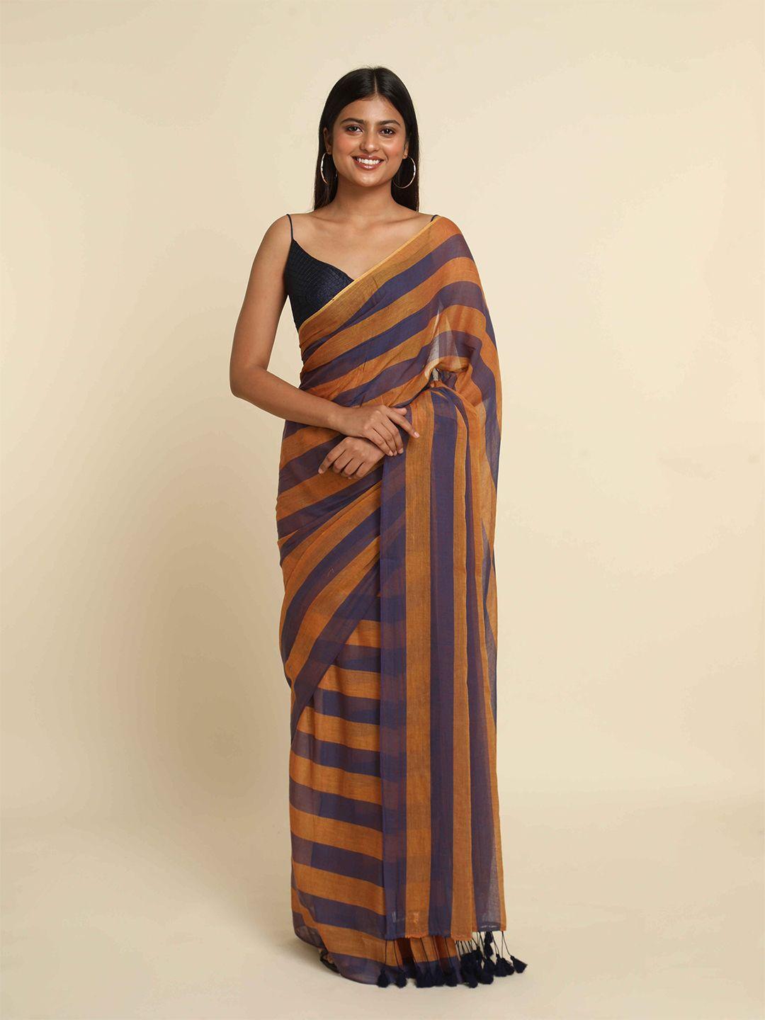 suta orange & black striped pure cotton saree