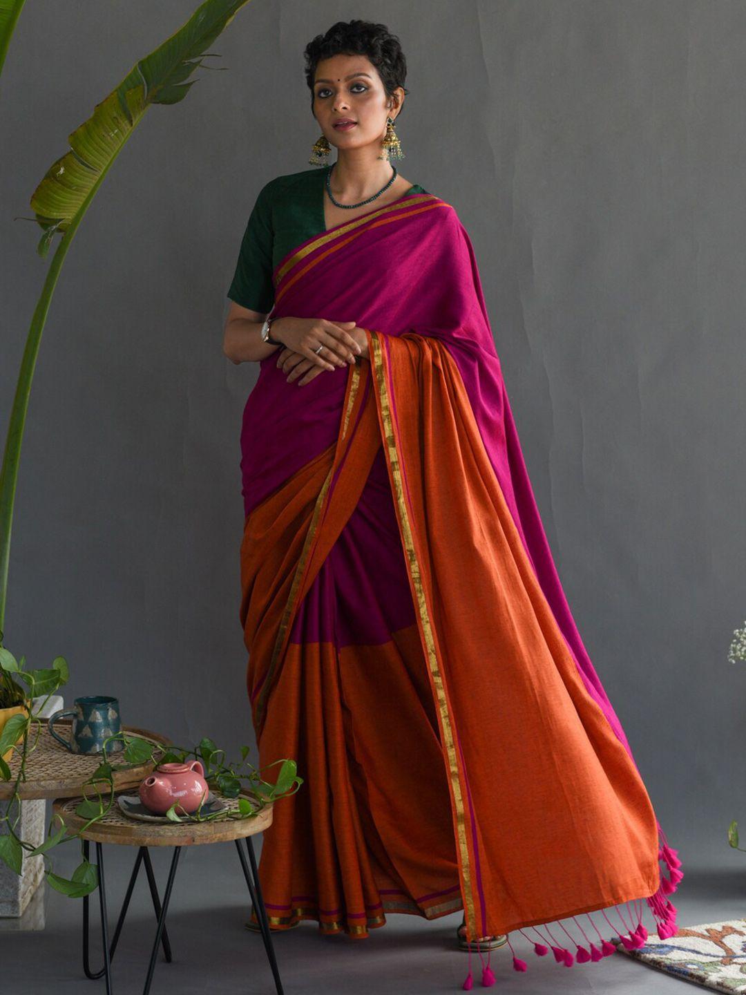 suta orange & pink colourblocked zari saree