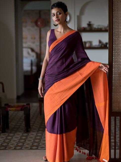 suta orange & purple pure cotton saree without blouse