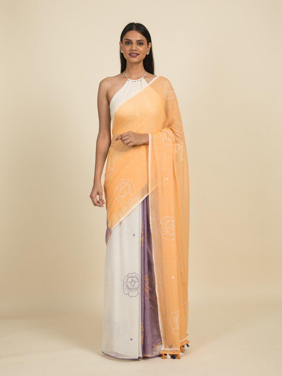 suta orange & white floral block printed mul cotton saree
