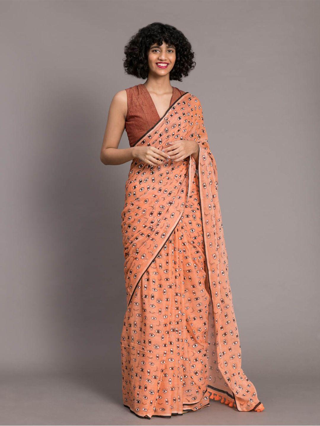 suta orange-coloured black printed pure cotton saree