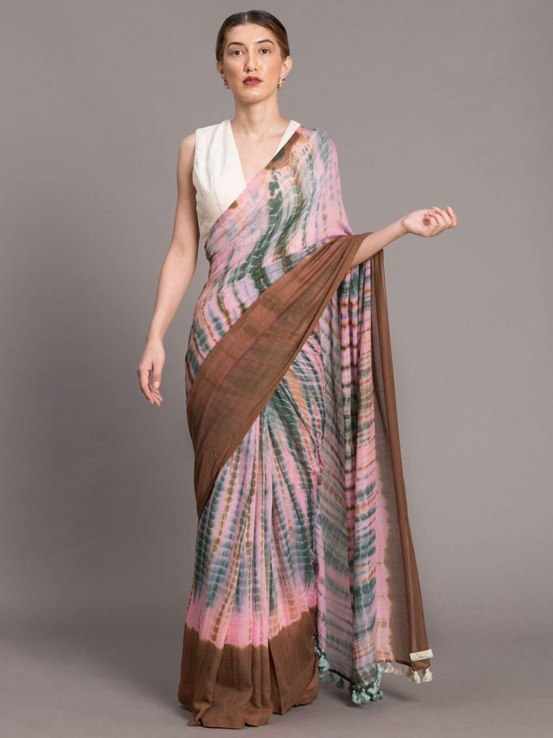 suta peach-coloured & brown cotton tie dyed saree