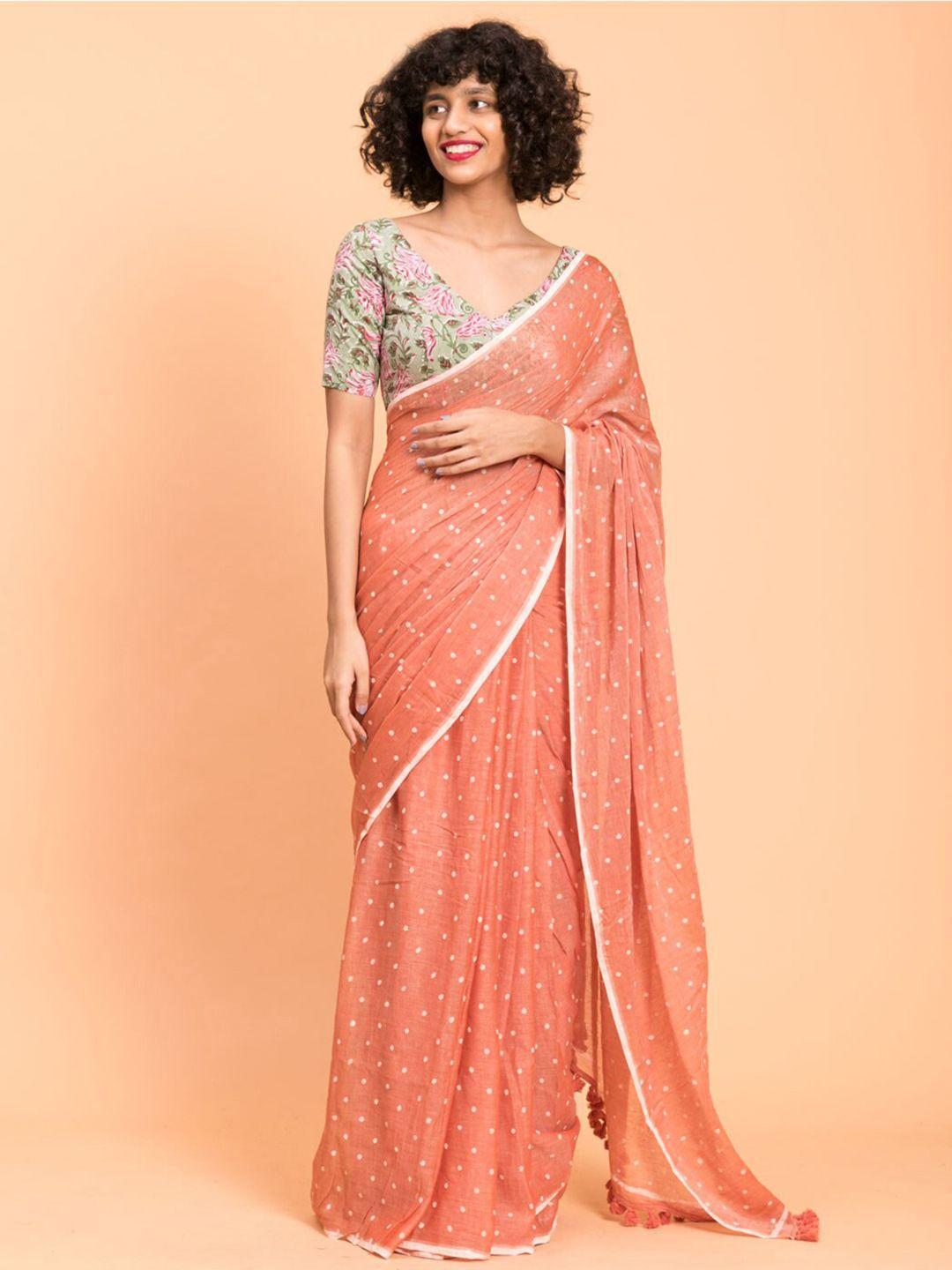 suta peach-coloured & white polka dots printed pure cotton saree