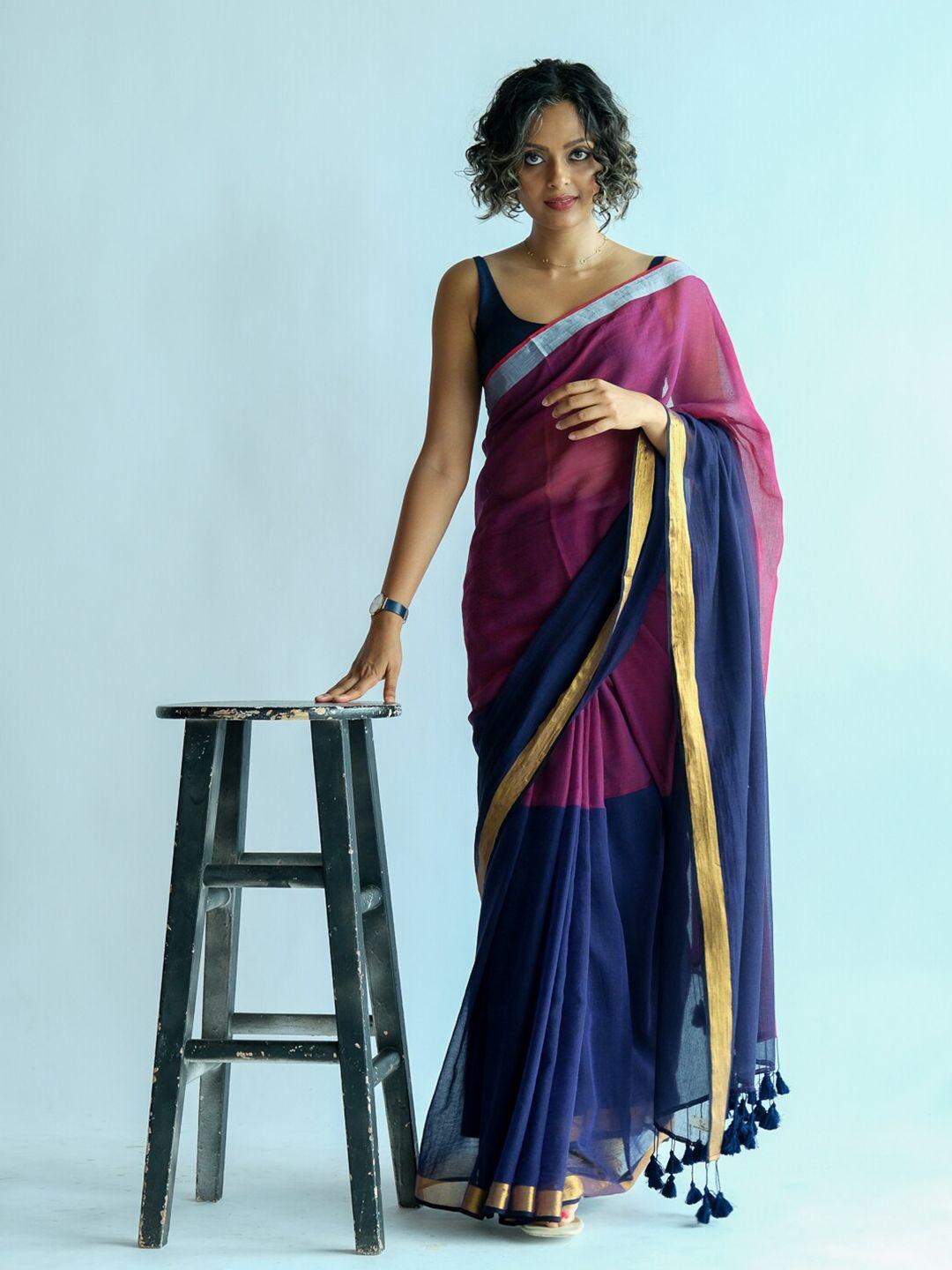 suta pink & blue colourblocked zari saree